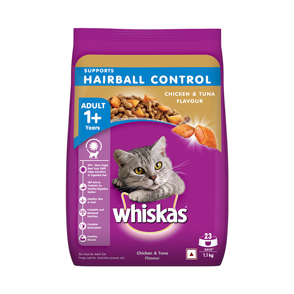 Whiskas Hairball Control Adult Dry Food, Chicken & Tuna - 1.1kg