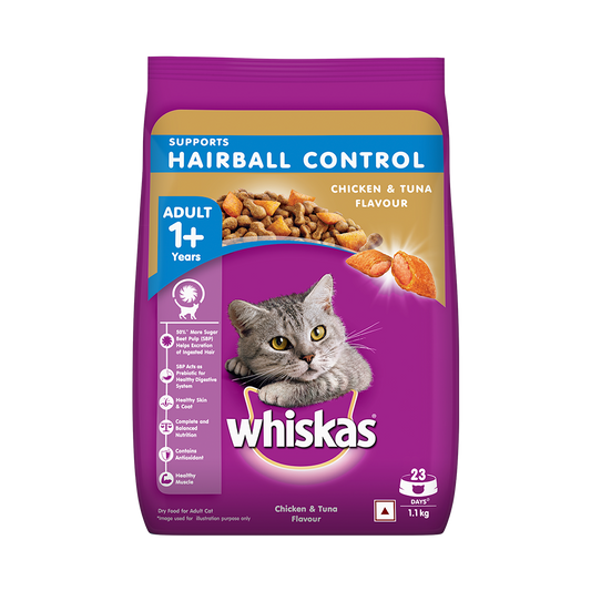 Whiskas Hairball Control Adult Dry Food, Chicken & Tuna - 1.1kg