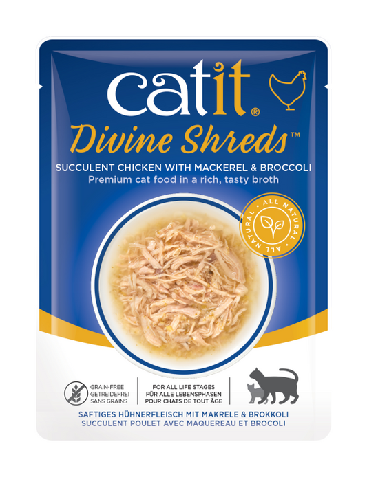 Catit Divine Shreds, Chicken with Mackerel & Broccoli - 75g (Box of 18)