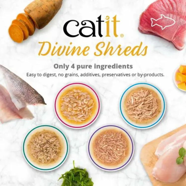 Catit Divine Shreds, Tuna with Shirasu & Sweet Potato - 75g (Box of 18)