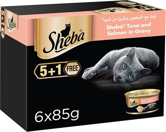 Sheba Flaked Tuna Topped With Salmon Cat Food, 5 Plus 1 Pack (85G X 6 Cans)