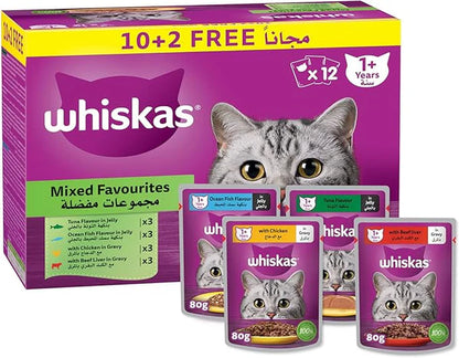 Whiskas Mixed Favourites Wet Cat Food 10+2 Multipack - 12X80G