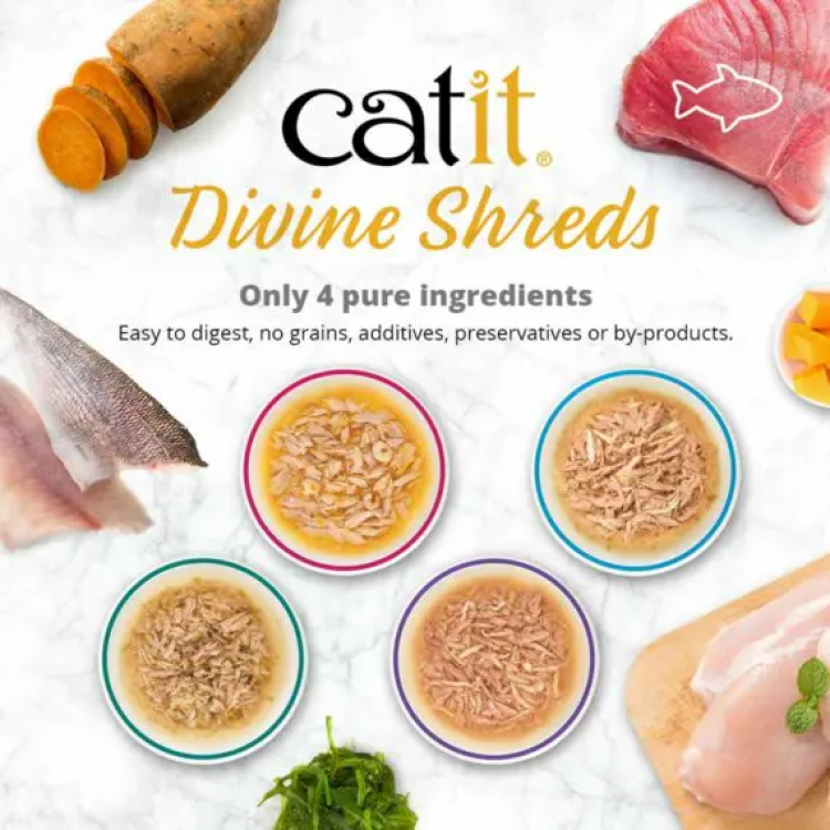 Catit Divine Shreds, Tuna with Shirasu & Sweet Potato - 75g (Box of 18) (Near Expiry)