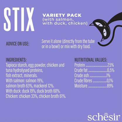 Schesir Stix Treat Variety Pack 6x15g - Mixed Flavors: Chicken,Duck & Salmon