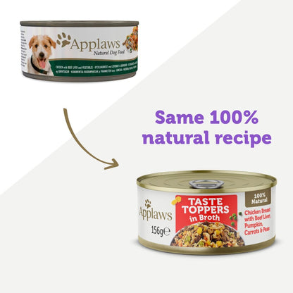 Applaws Taste Toppers in Broth Chicken with Beef Wet Dog Food-156g Tin